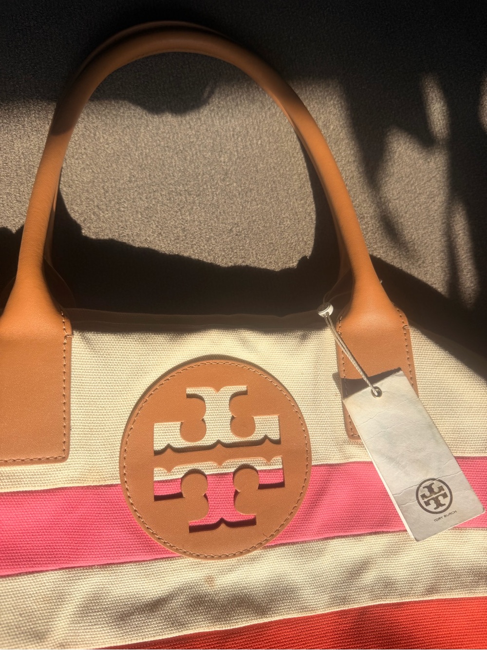 Tory Burch Dipped Beach Tote Natural Poppy Red Fiesta Canvas Leather Bag - Picture 9 of 13